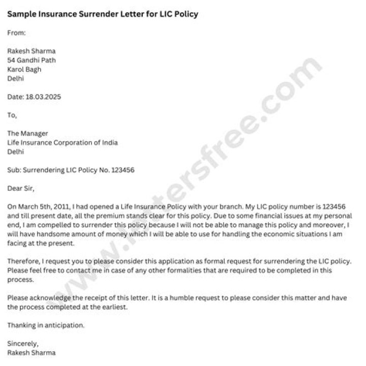 How do I write a letter to surrender my insurance?