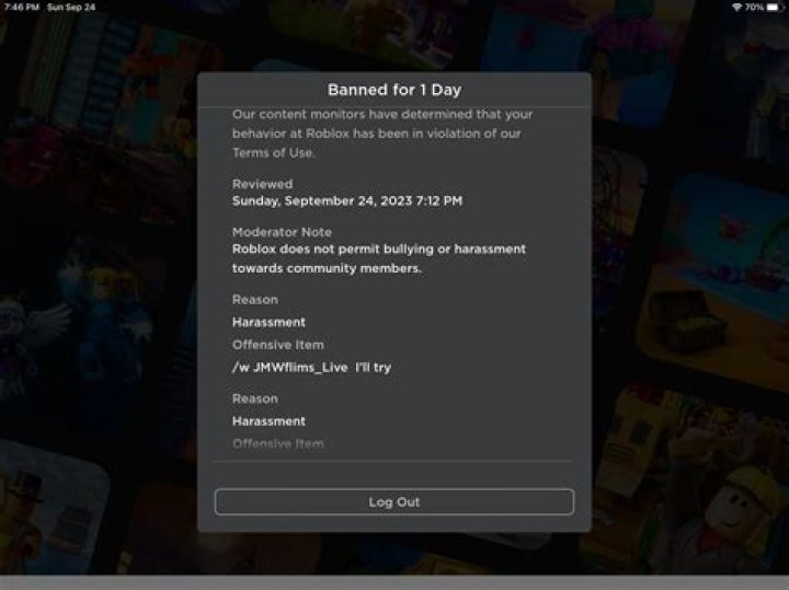 How do you get a one day ban on Roblox?