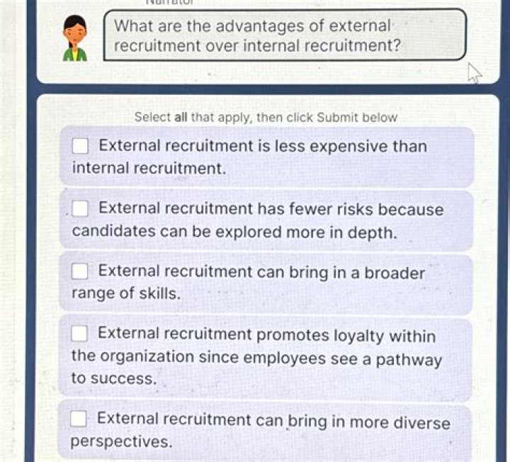 What are the advantages of external recruitment over internal recruitment quizlet?
