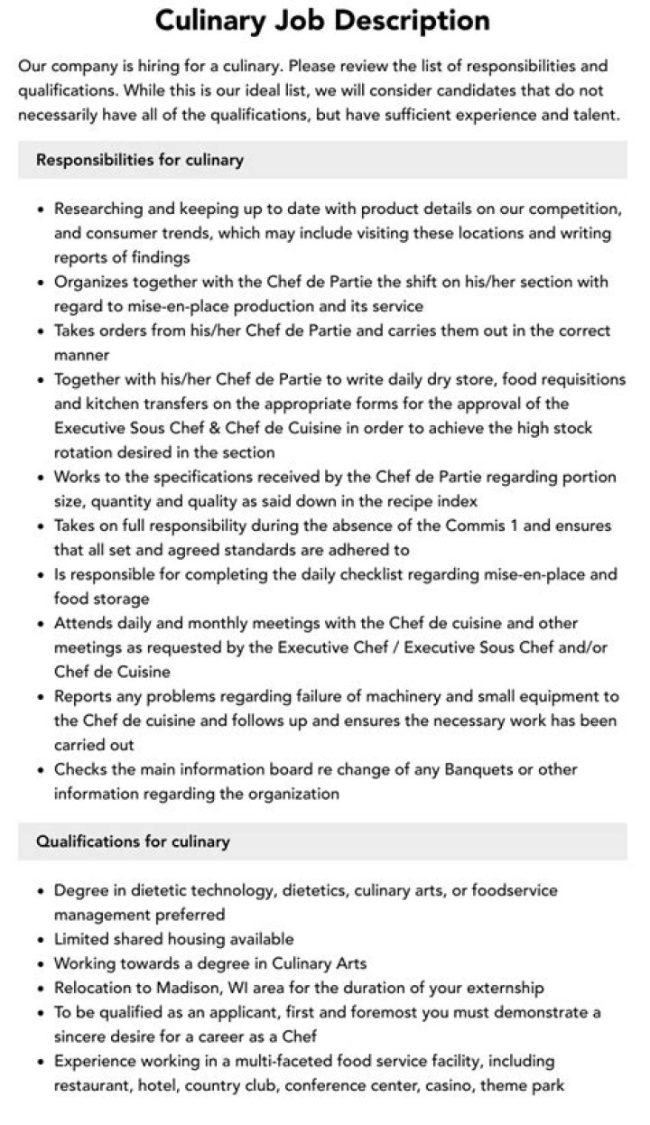 What is culinary job description?