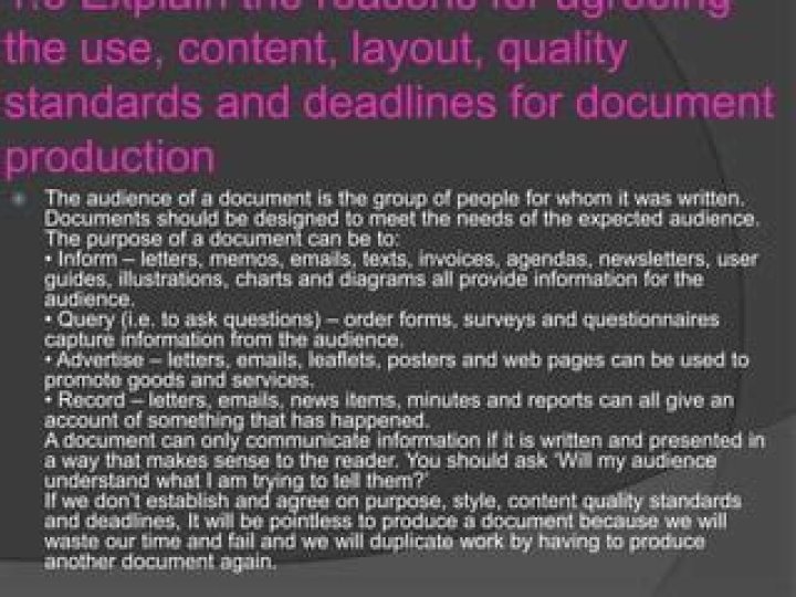 Why should you agree the use content layout quality standards and deadlines for this document?